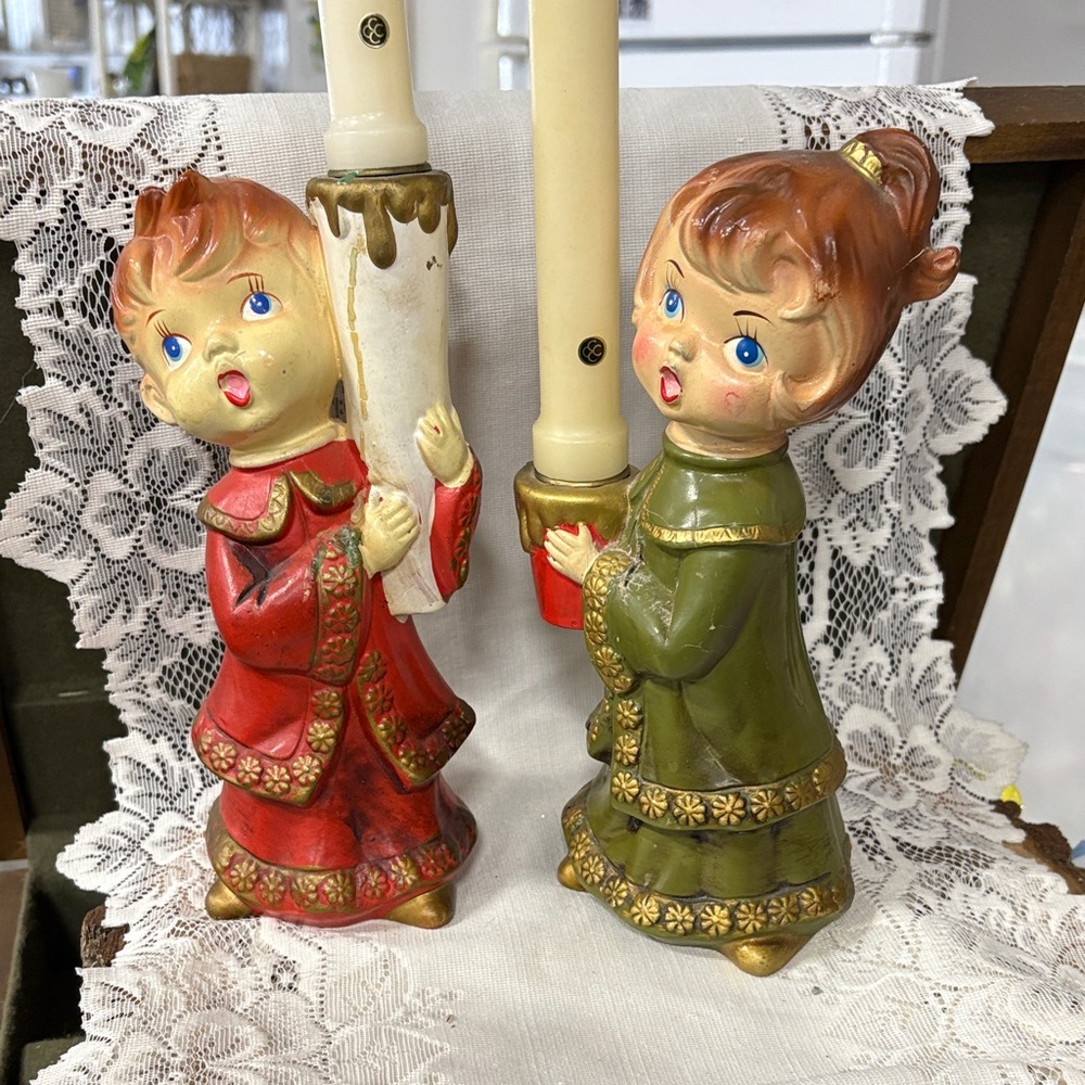 Vintage Singing Boys Candle Holders Chalkware Made in Japan